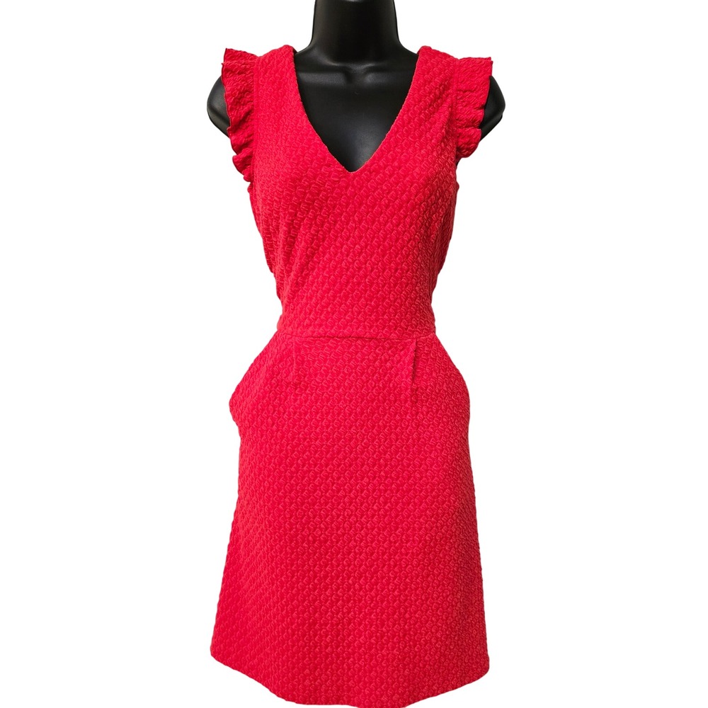 Tabitha Anthropologie‎ Red Textured Ruffle Sleeve Dress w. Pockets Size 0